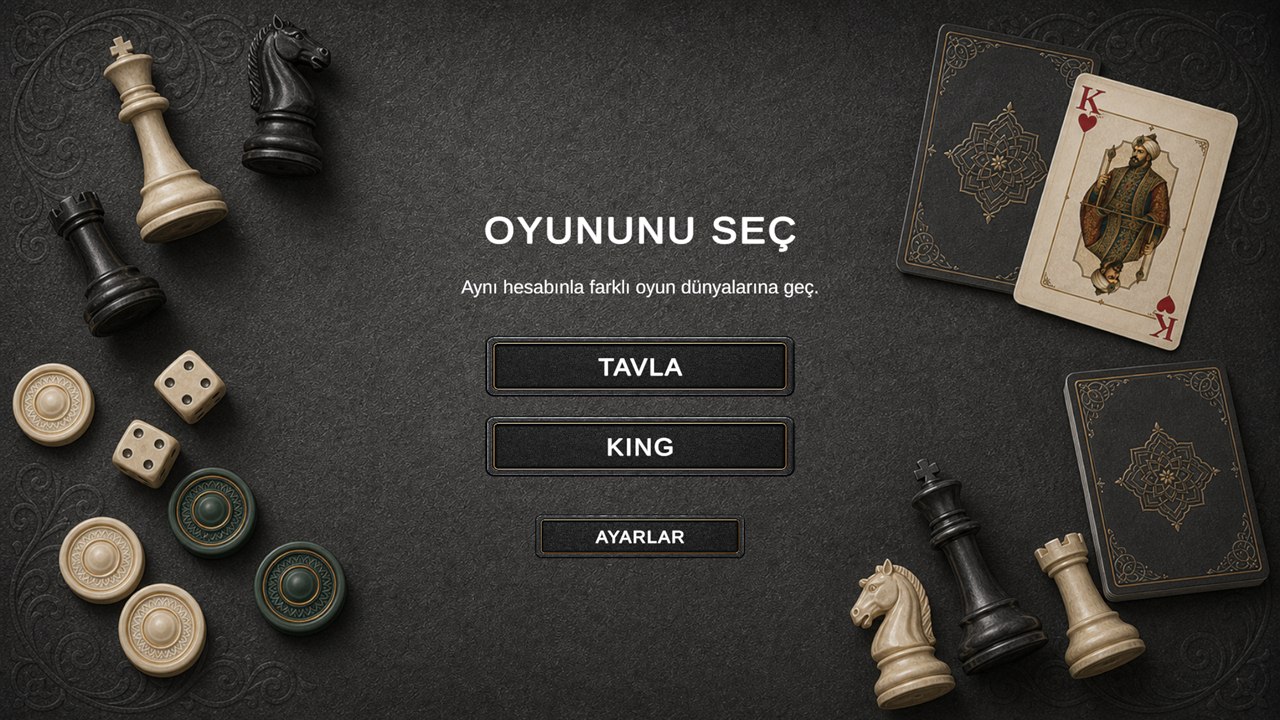 Tavla ve King oyunlarını gösteren ARKADASH oyun seçimi ekranı